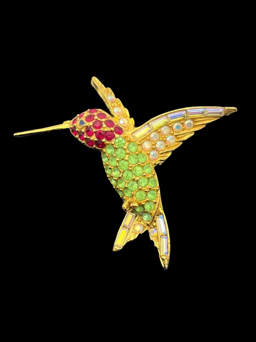 Pell hummingbird green & red rhinestone gold tone vintage brooch pin bird